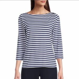 J. McLaughlin Wavesong Striped Print 3/4 Sleeve Button Shoulder Tee Shirt